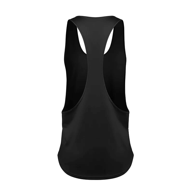 Black quick dry sleeveless yoga and running tank top made of lightweight breathable fabric for women - back view.